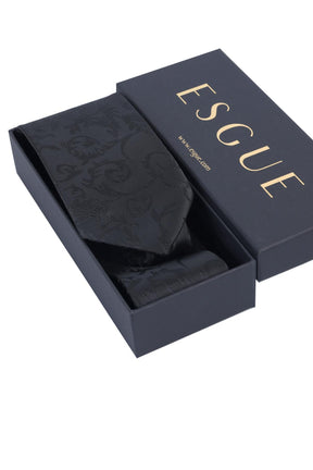 Esgue Hand Made 8 cm Dalgalı Desen Siyah Renk Mendilli Kravat