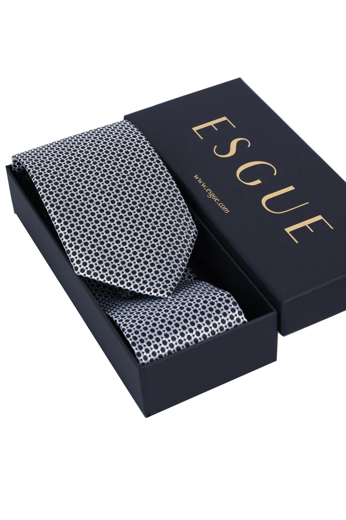 Esgue Hand Made 8 cm Desenli Siyah Beyaz Renk Mendilli Kravat