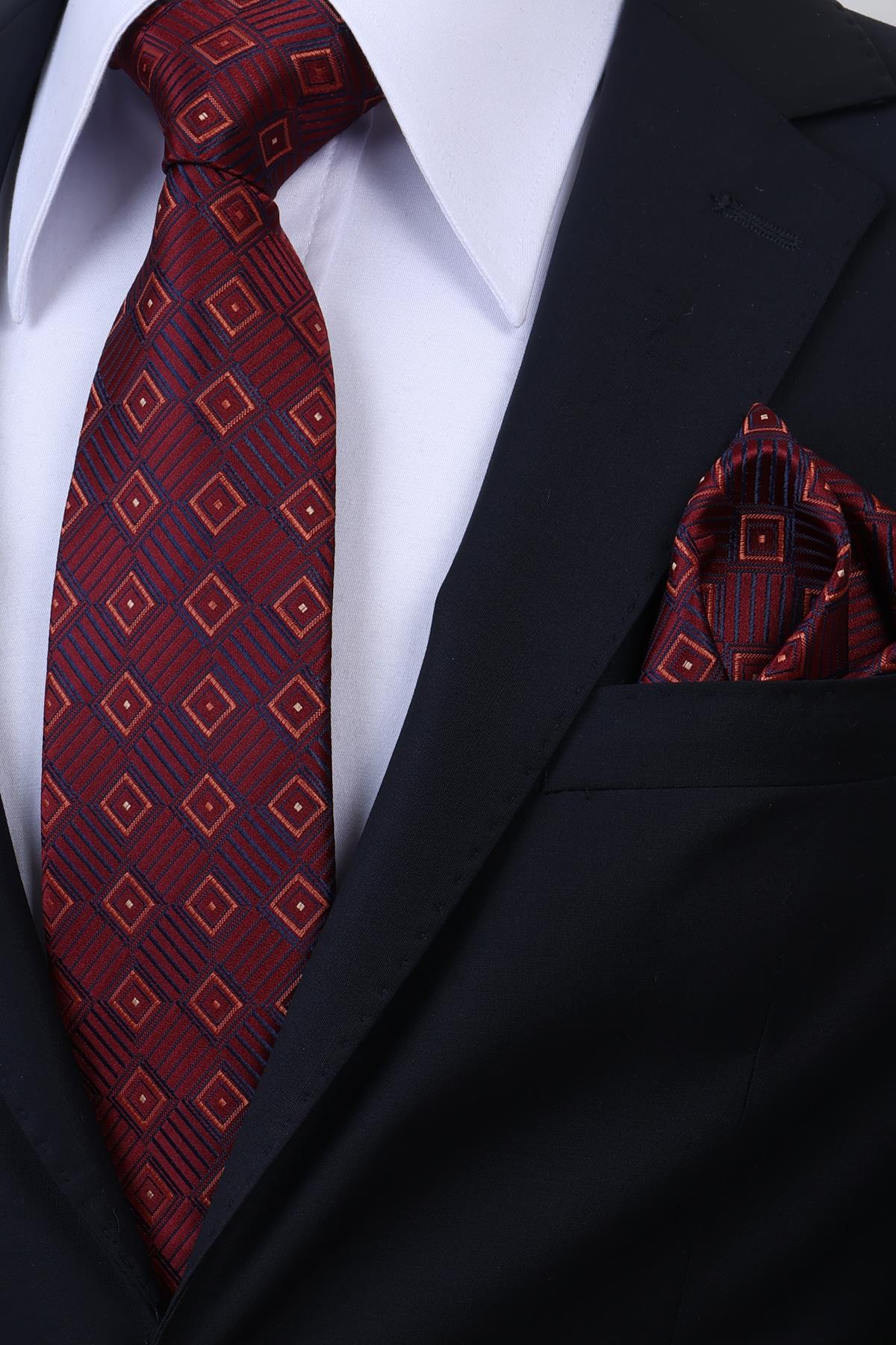 Esgue Hand Made 8 cm Ekose Desen Bordo Lacivert Renk Mendilli Kravat