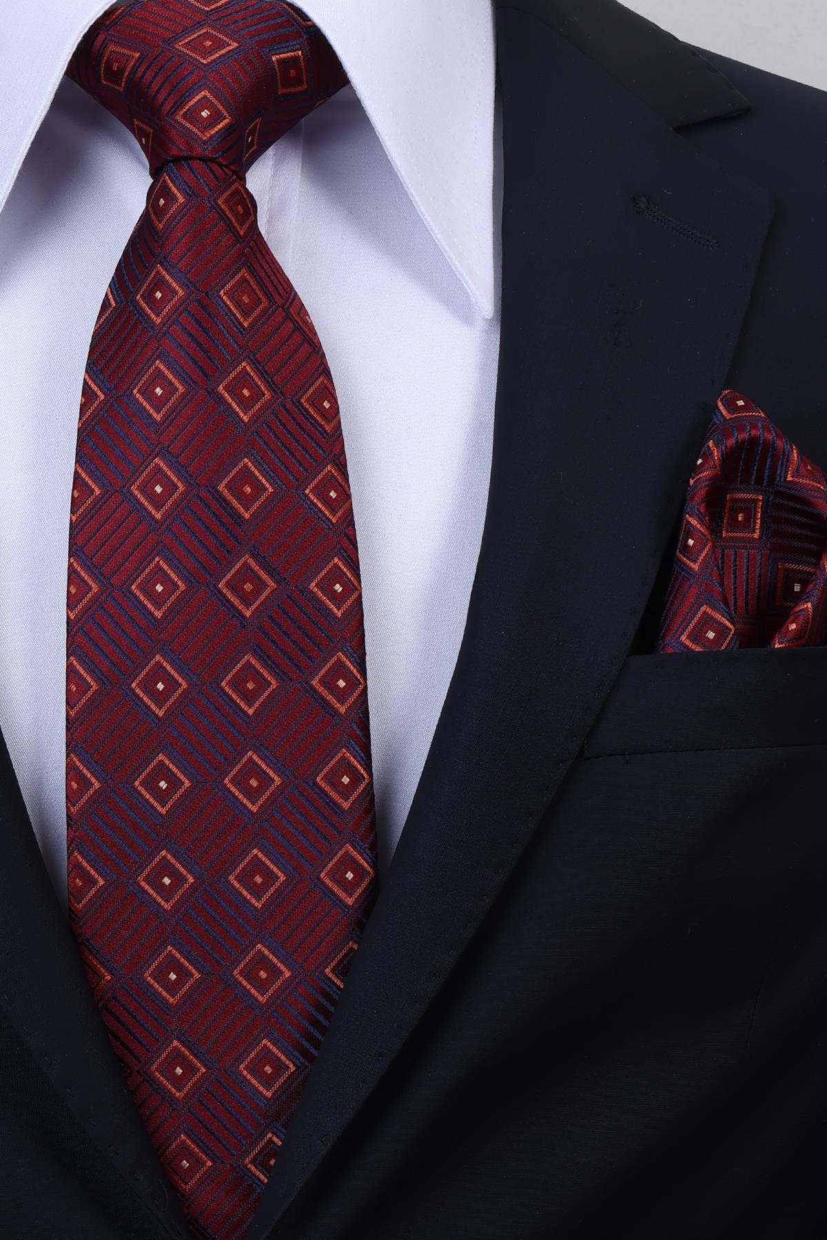 Esgue Hand Made 8 cm Ekose Desen Bordo Lacivert Renk Mendilli Kravat