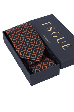 Esgue Hand Made 8 cm Ekose Desen Kiremit Siyah Renk Mendilli Kravat