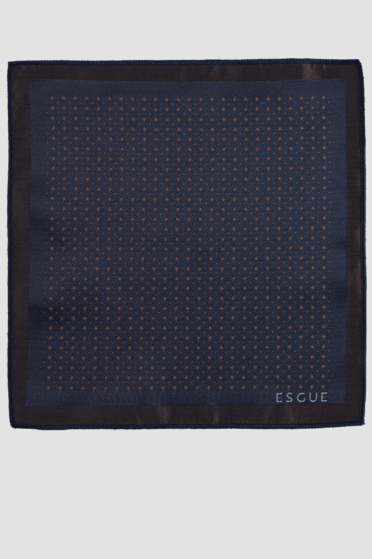 Esgue Hand Made 8 cm Micro Motif Desenli Lacivert Kahve Renk Mendilli Kravat