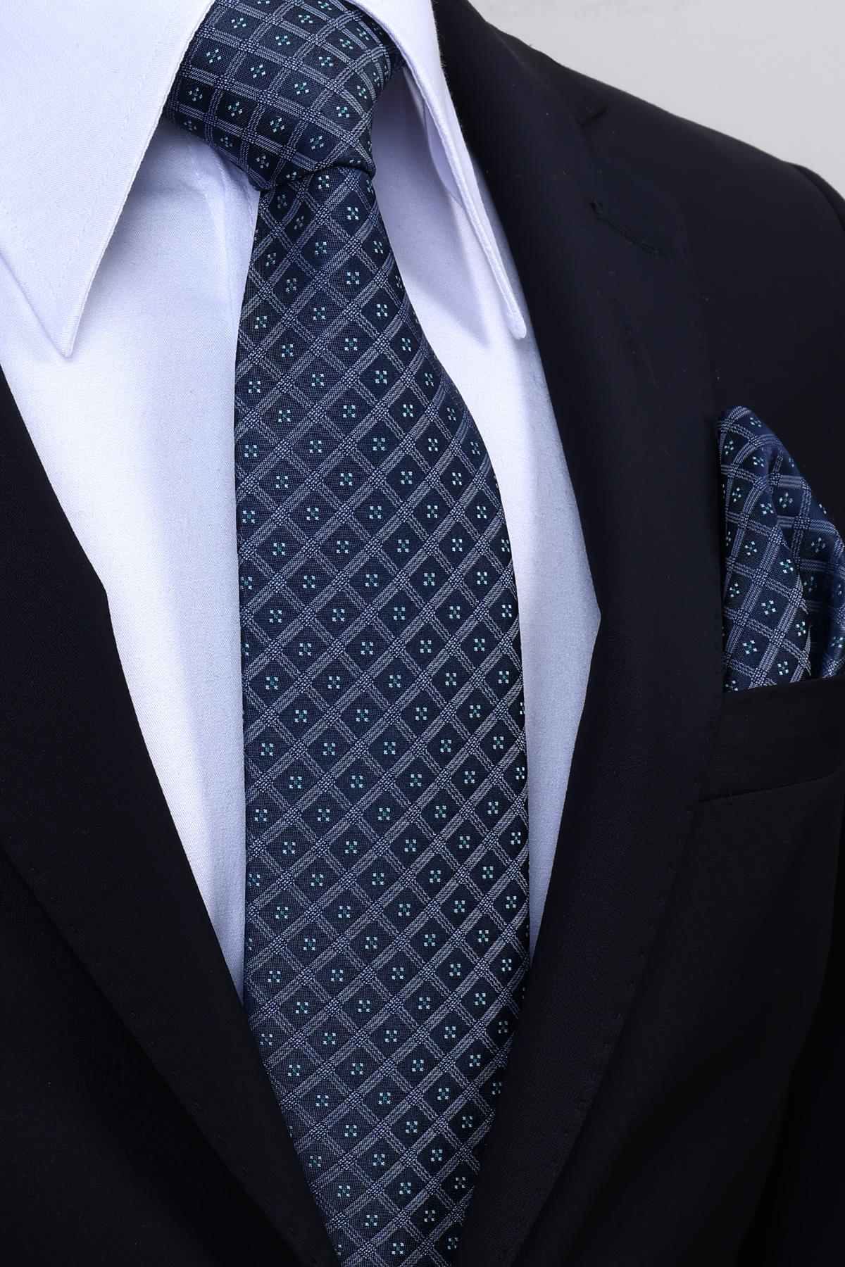 Esgue Hand Made 8 cm Motif Desen Lacivert Mavi Renk Mendilli Kravat