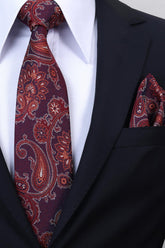 Esgue Hand Made 8 cm Şal Desen Bordo Kırmızı Renk Mendilli Kravat