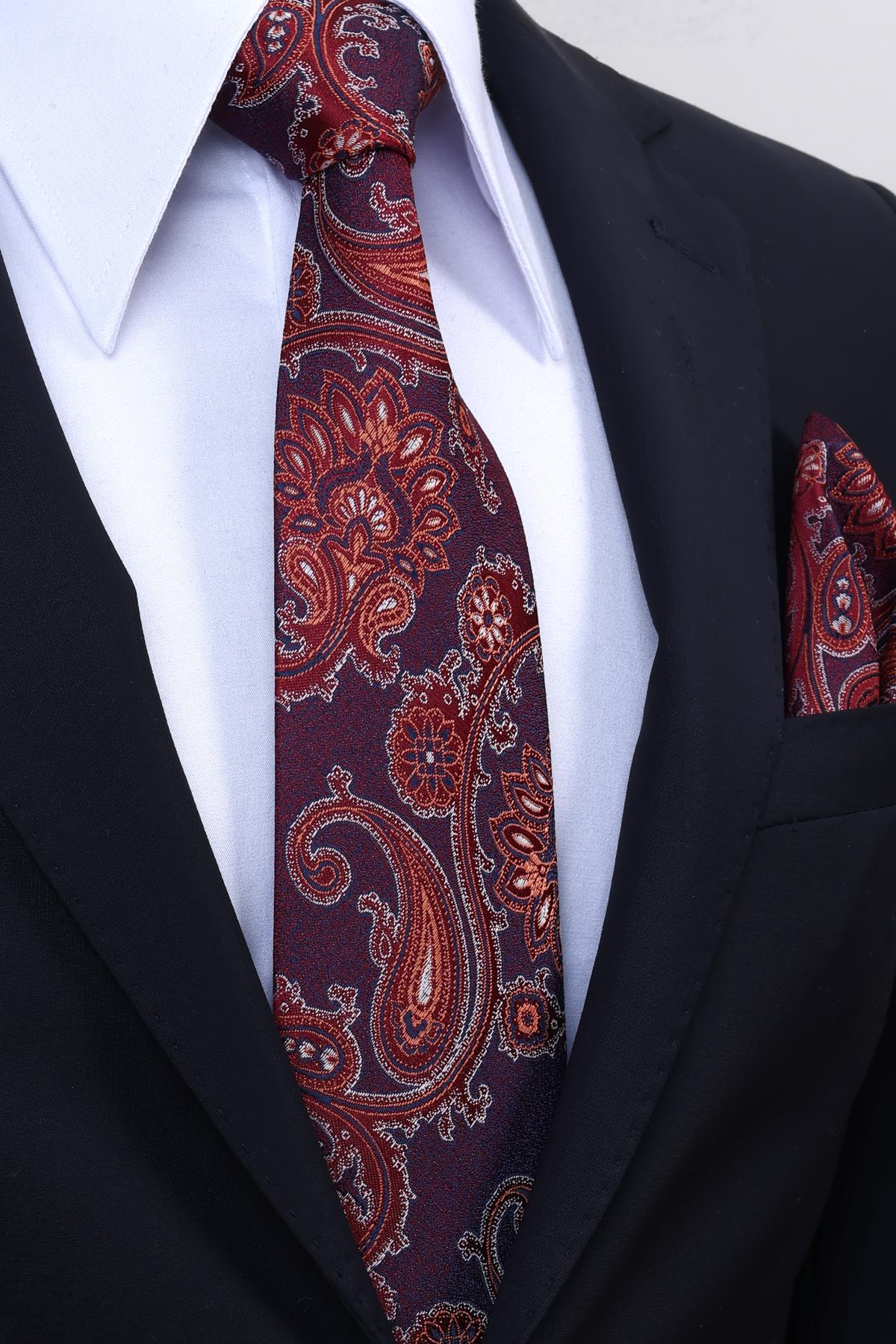 Esgue Hand Made 8 cm Şal Desen Bordo Kırmızı Renk Mendilli Kravat