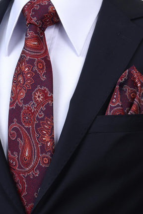 Esgue Hand Made 8 cm Şal Desen Bordo Kırmızı Renk Mendilli Kravat