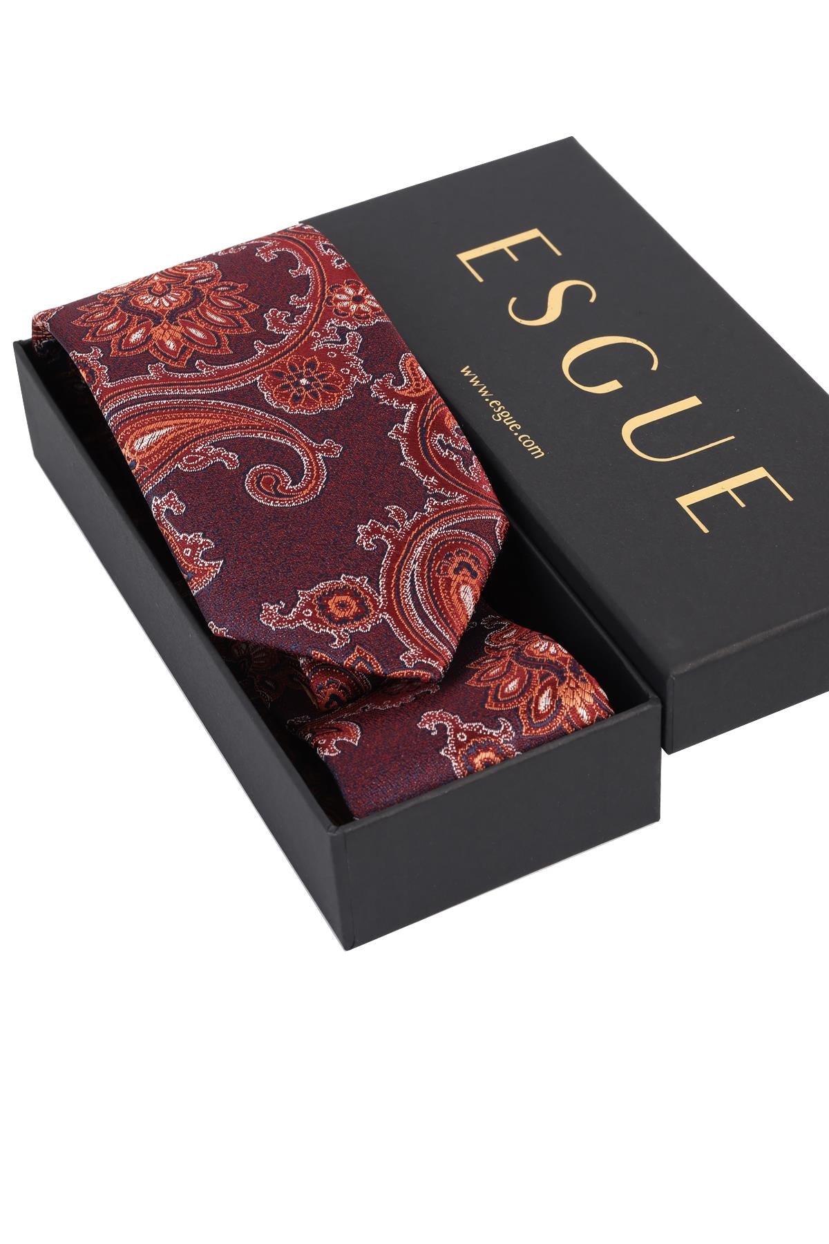 Esgue Hand Made 8 cm Şal Desen Bordo Kırmızı Renk Mendilli Kravat