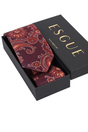 Esgue Hand Made 8 cm Şal Desen Bordo Kırmızı Renk Mendilli Kravat