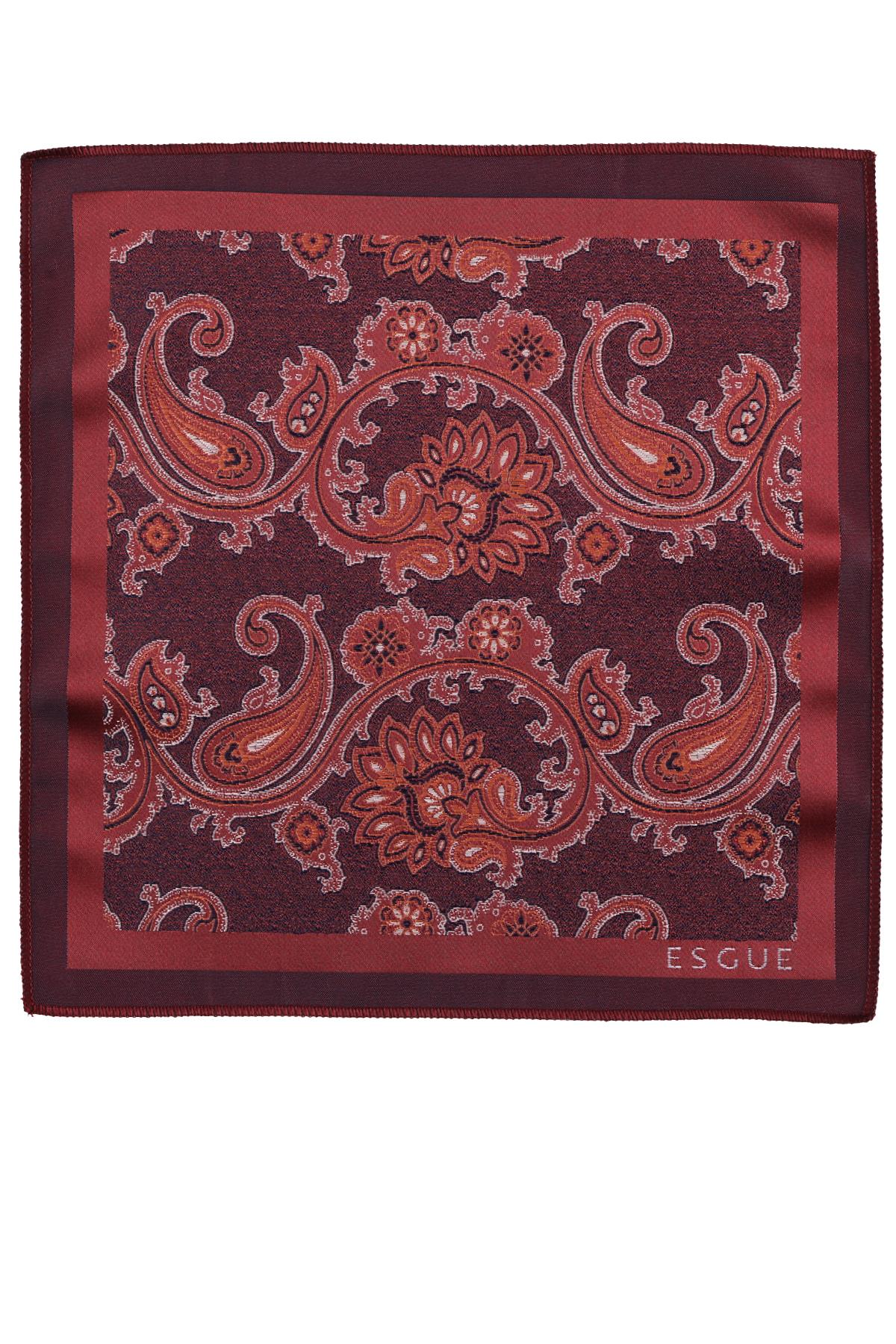 Esgue Hand Made 8 cm Şal Desen Bordo Kırmızı Renk Mendilli Kravat