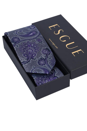 Esgue Hand Made 8 cm Şal Desen Gri Mor Renk Mendilli Kravat
