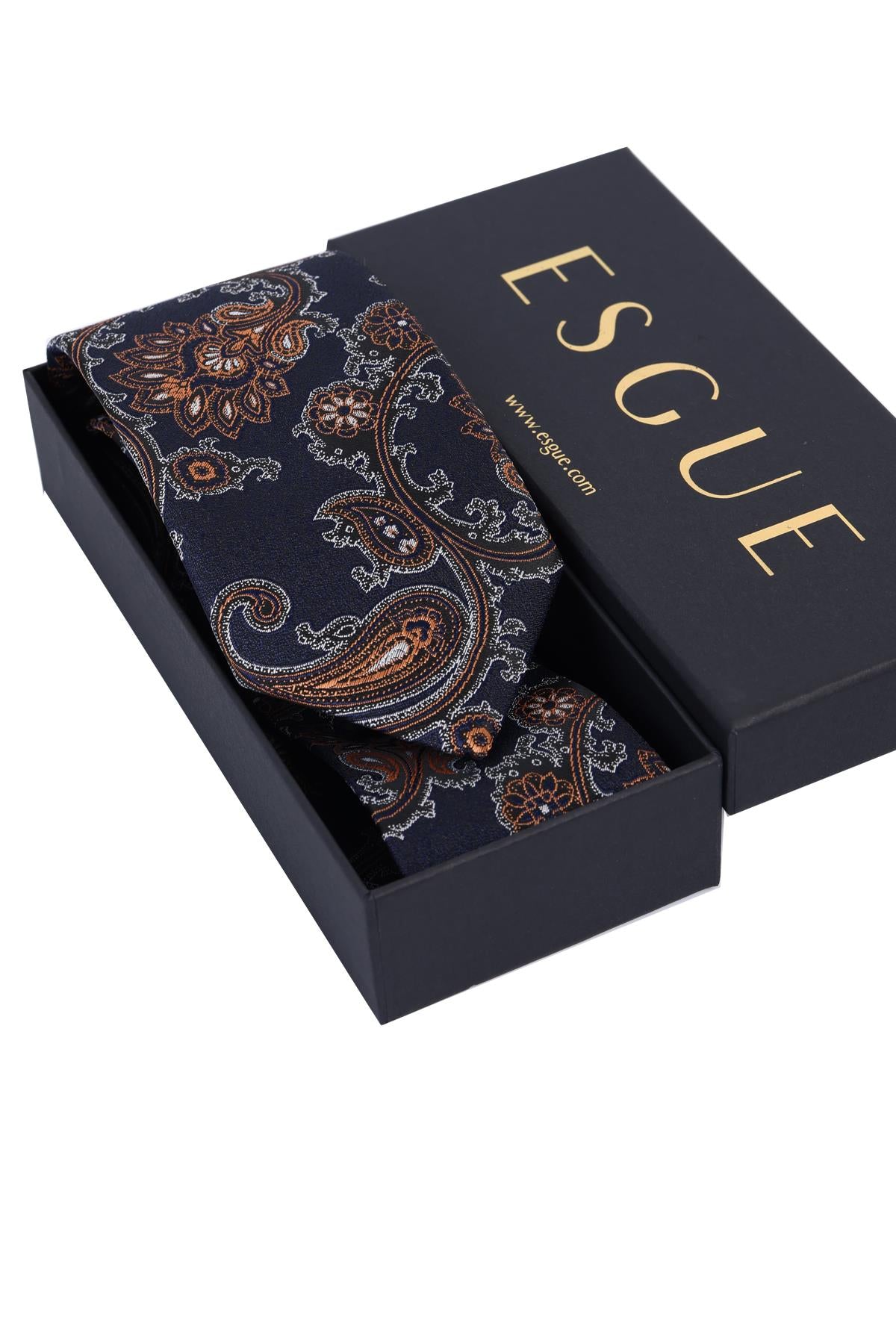 Esgue Hand Made 8 cm Şal Desen Lacivert Kiremit Renk Mendilli Kravat