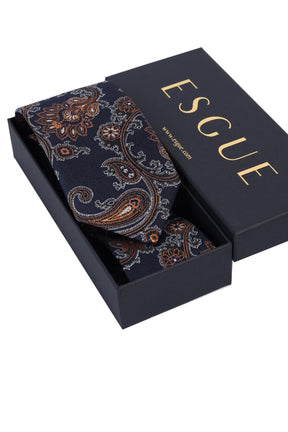 Esgue Hand Made 8 cm Şal Desen Lacivert Kiremit Renk Mendilli Kravat