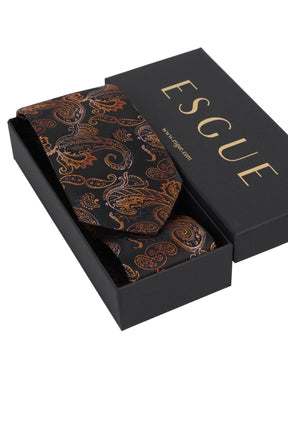 Esgue Hand Made 8 cm Şal Desen Siyah Hardal Renk Mendilli Kravat