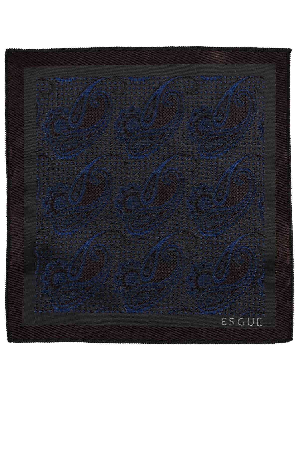 Esgue Hand Made 8 cm Şal Desen Siyah Lacivert-Kahve Renk Mendilli Kravat