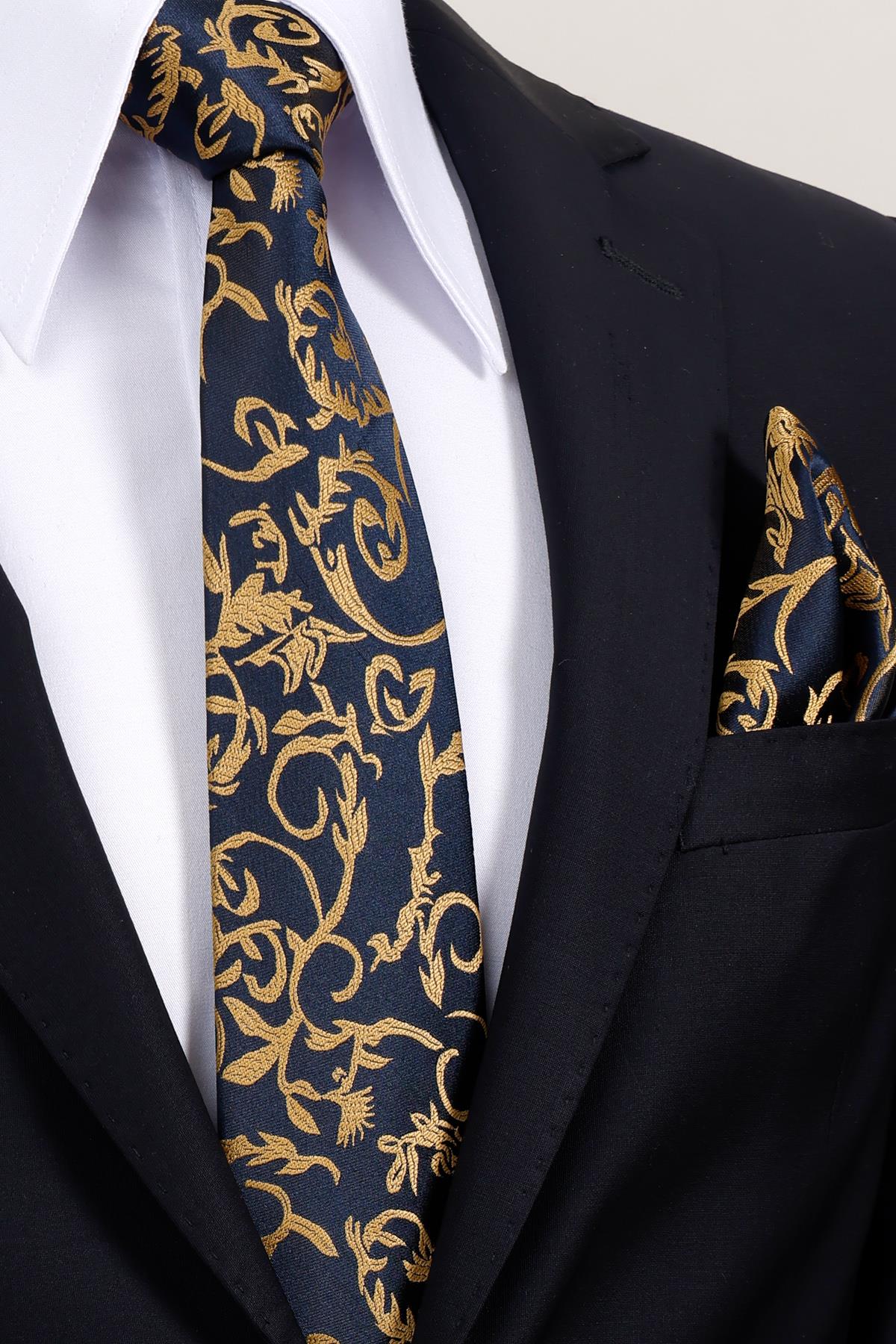 Esgue Hand Made 8 cm Sarı - Lacivert Desenli Kravat Mendil