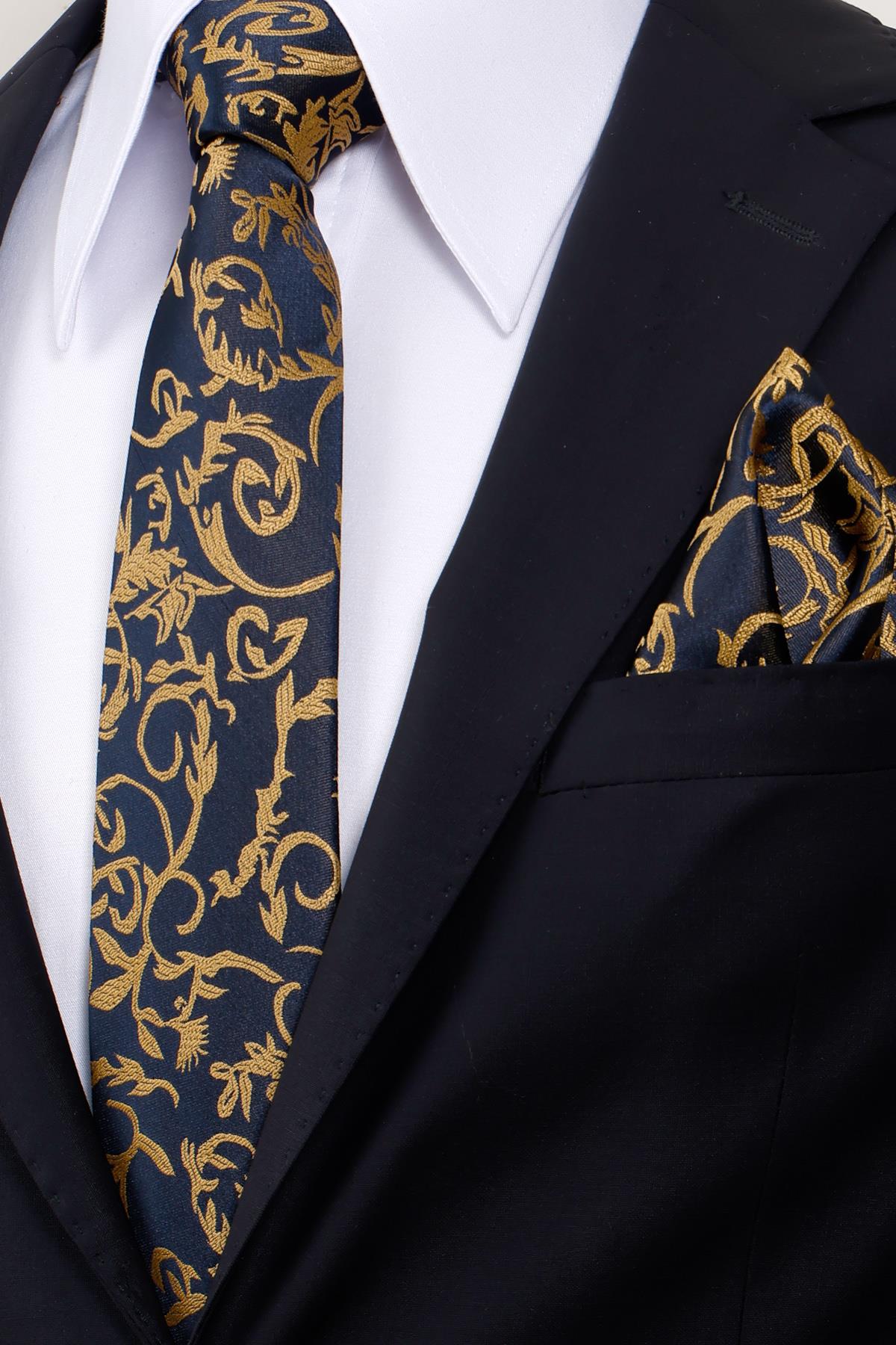 Esgue Hand Made 8 cm Sarı - Lacivert Desenli Kravat Mendil