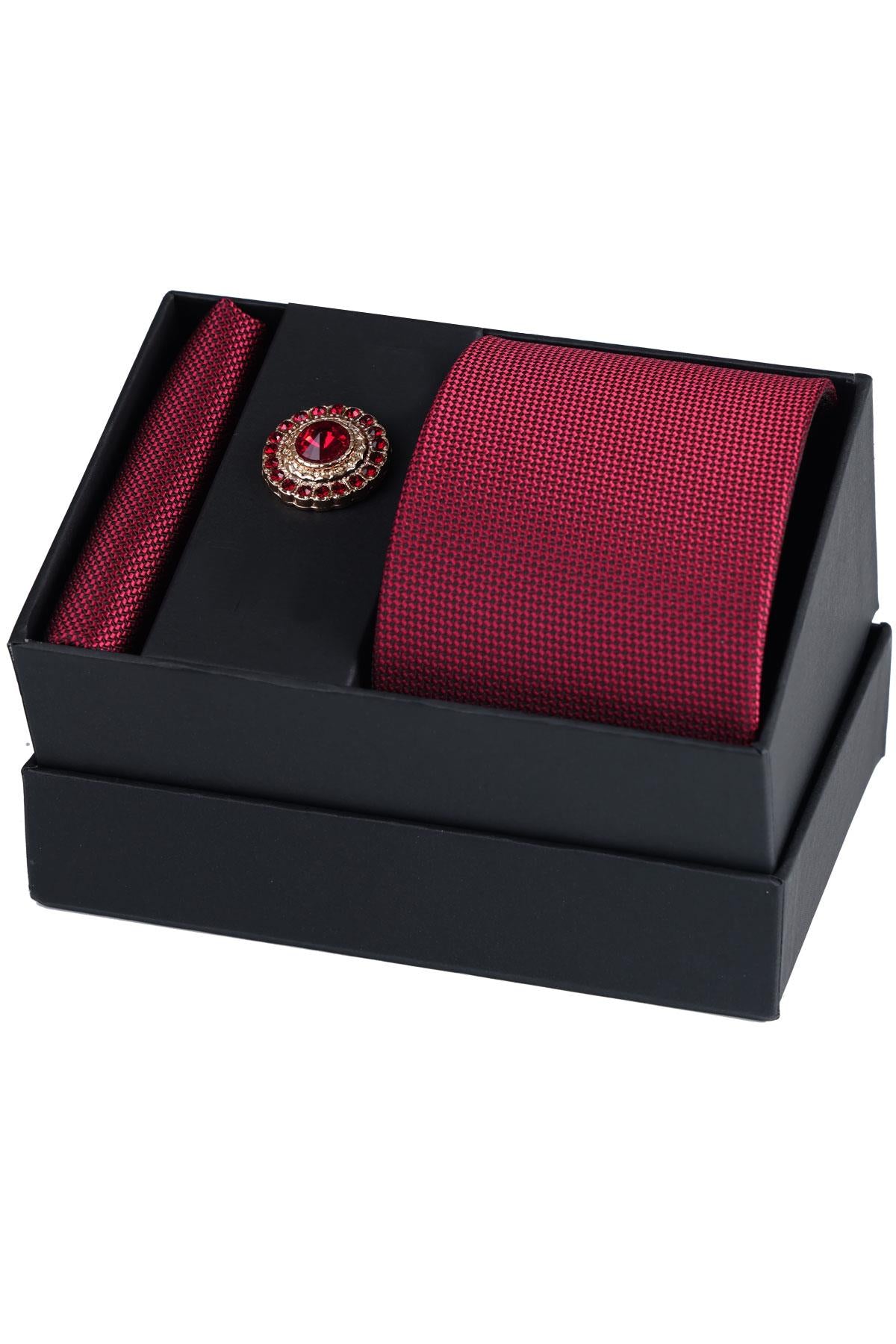 Esgue Hand Made Bordo Kravat & Mendil & Gold Renk K.Kırmzı Taşlı Yaka Broşu Hediye Seti