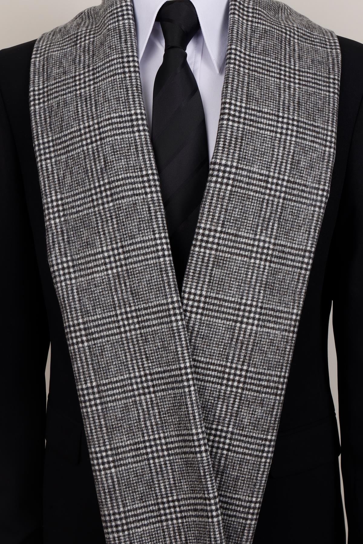 Esgue Yünlü Siyah Beyaz Ekose Kaşkol - Yumuşak Dokulu Klasik Erkek Atkı