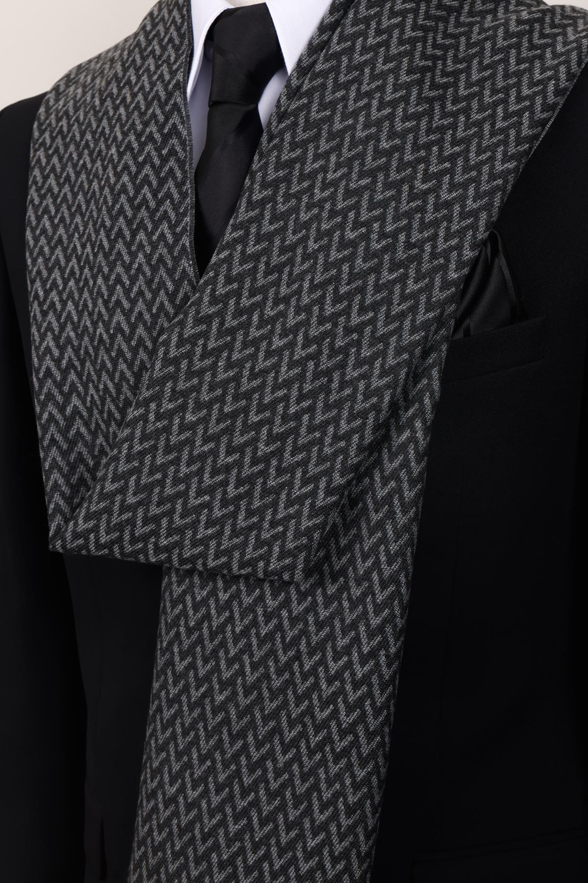 Esgue Antrasit V Desenli Erkek Kaşkol - Balıksırtı Dokulu Yumuşak Atkı